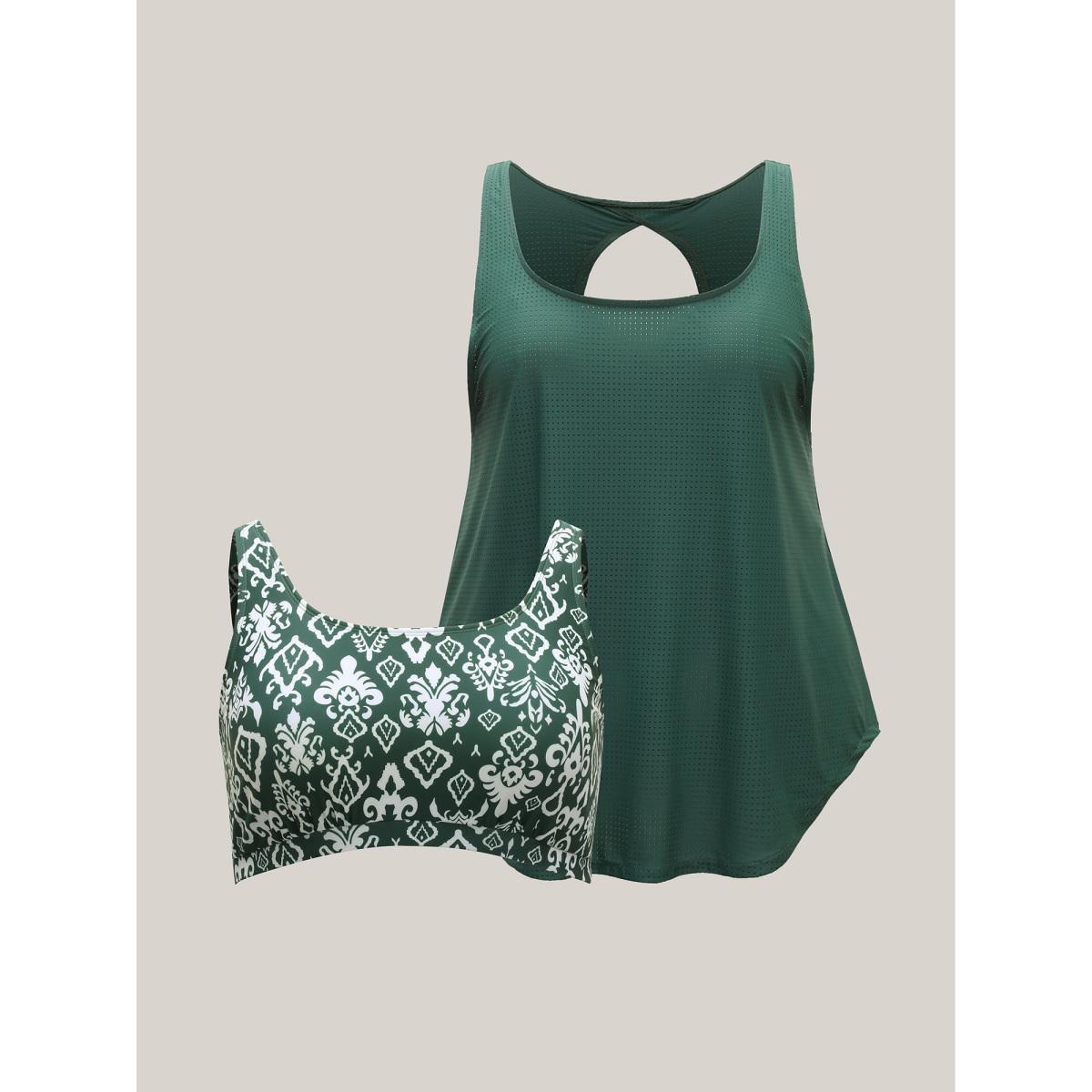 Plus Size Two-Piece Boho Print Swim Top Women's Swimwear DarkGreen Beach Cut-Out High stretch Bodycon U-neck Curve Swim Tops BloomChic 12/L Product Image