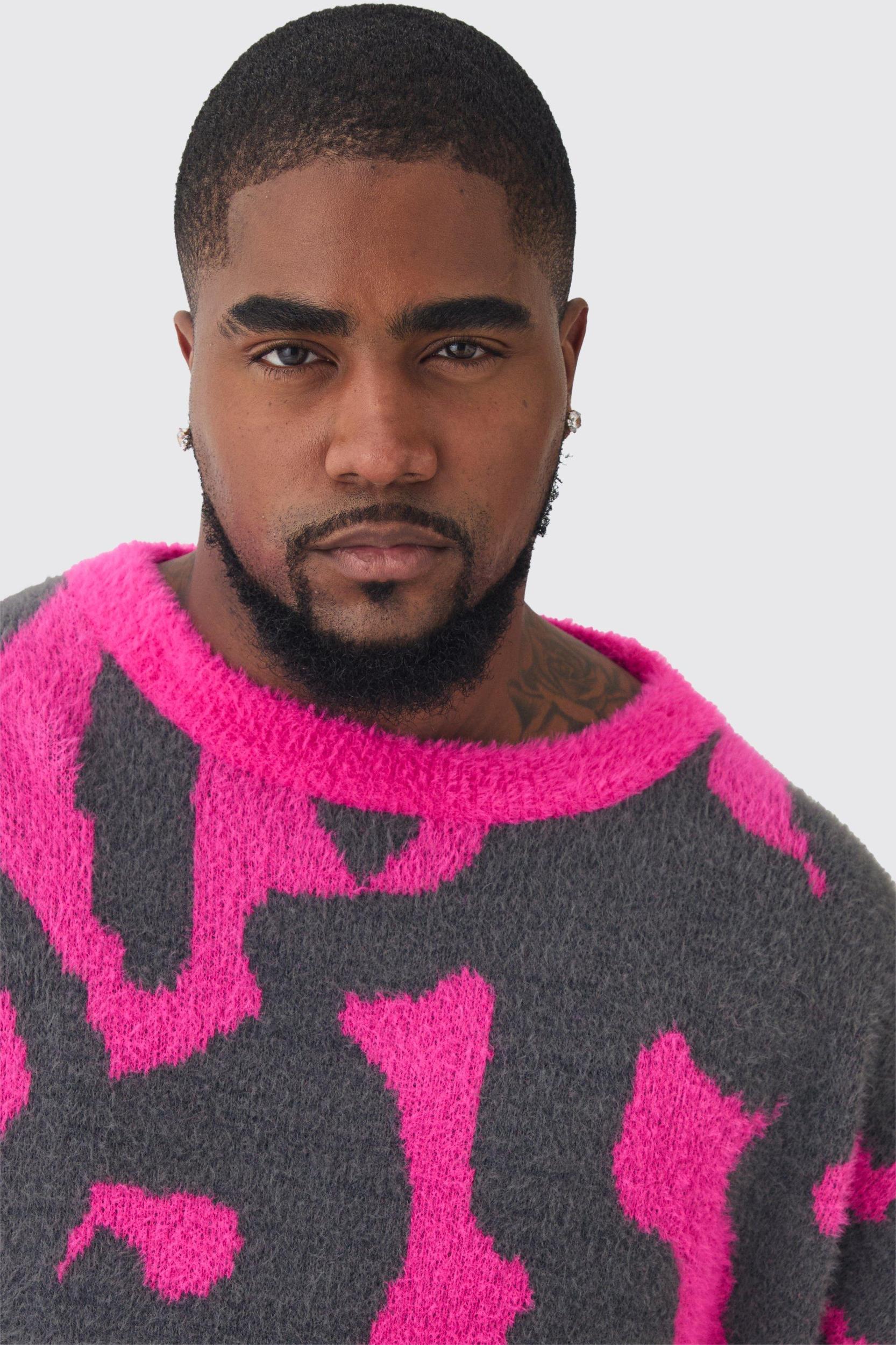 Plus Fluffy Knit Abstract Sweatshirt | boohooMAN USA Product Image