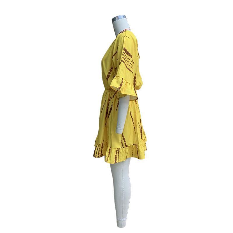 3/4-Sleeve V-Neck Print Mini Tunic Dress Product Image