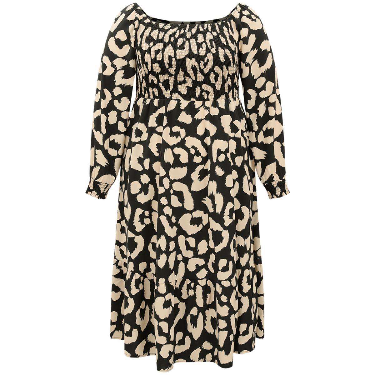 Plus Size Leopard Shirred Square Neck Lantern Sleeve Dress Black Women At the Office Printed Square Neck Long Sleeve Curvy Midi Dress BloomChic 30/6X Product Image