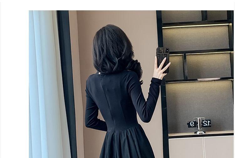 Long-Sleeve Mock Neck Cold Shoulder Plain Midi A-Line Dress Product Image