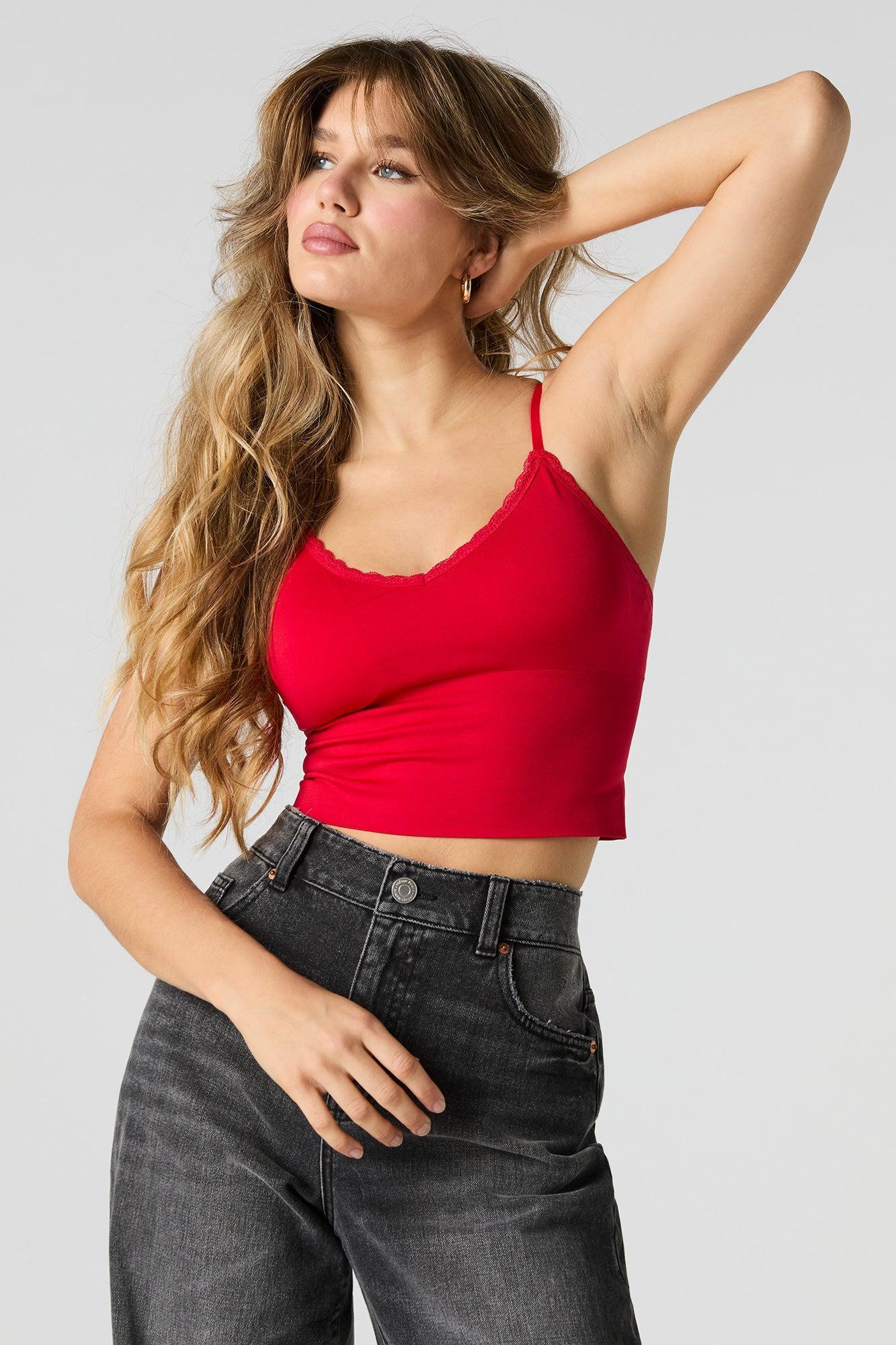 Seamless Lace Trim Cami with Built-In Bra Cups Female Product Image