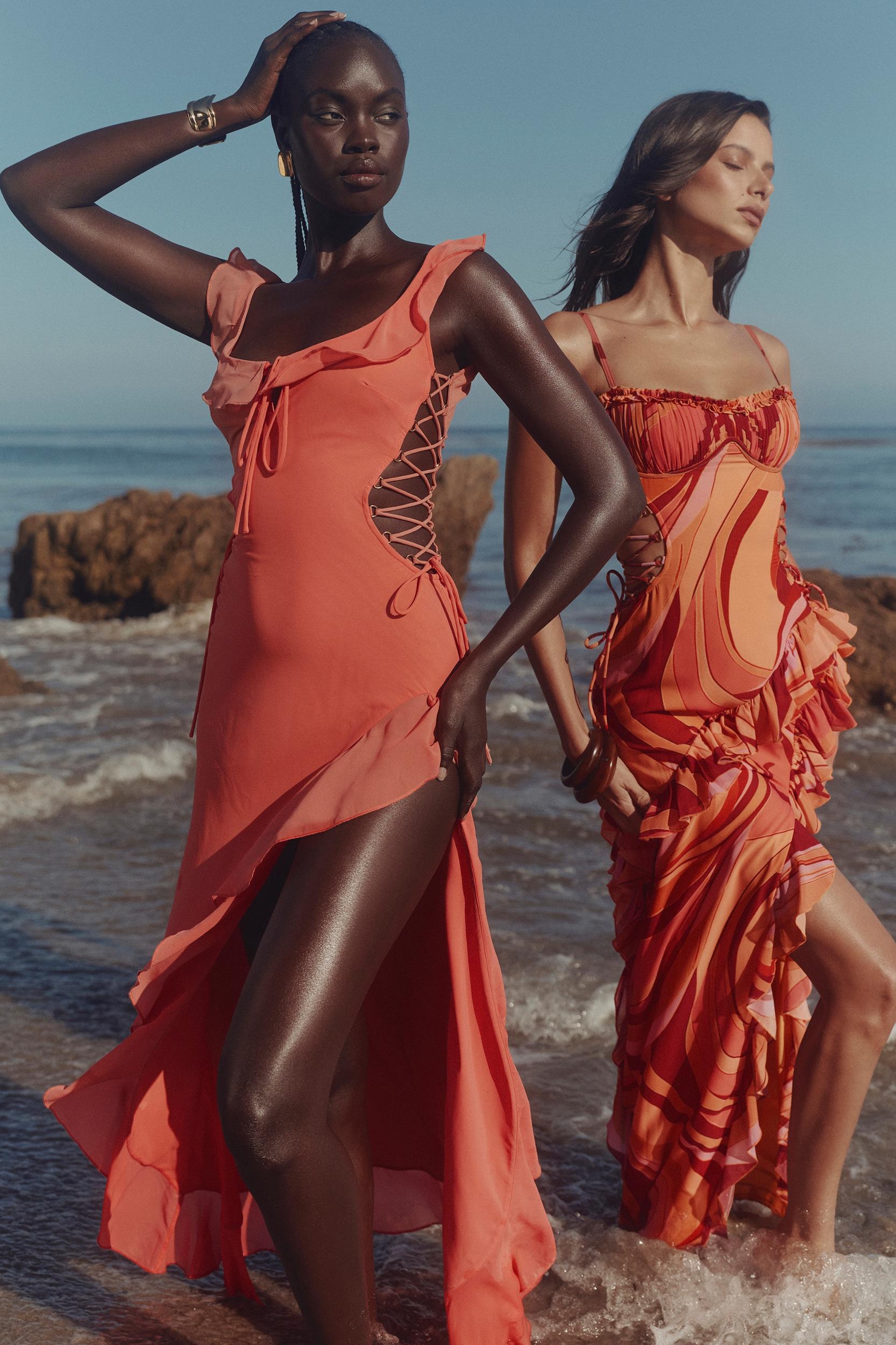 Lumira  sunset swirl print ruffle cut out maxi dress Product Image