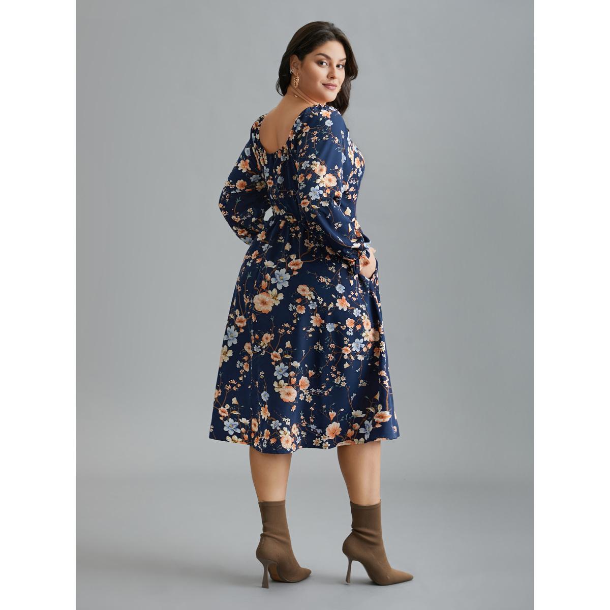 Plus Size Floral Knot Neck Split Hem Dress Indigo Women Elegant Tie knot Square Neck Long Sleeve Curvy BloomChic 26/4X Product Image
