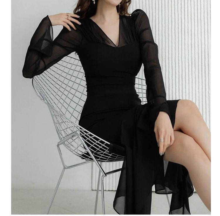 Long-Sleeve V-Neck Plain Midi Mermaid Dress Product Image
