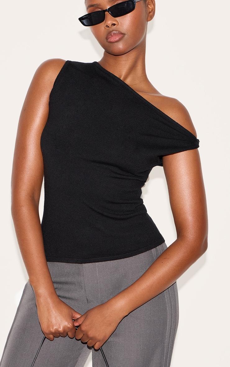  Black Basic Knit Asymmetric Hem Twist Sleeve Vest Top Product Image