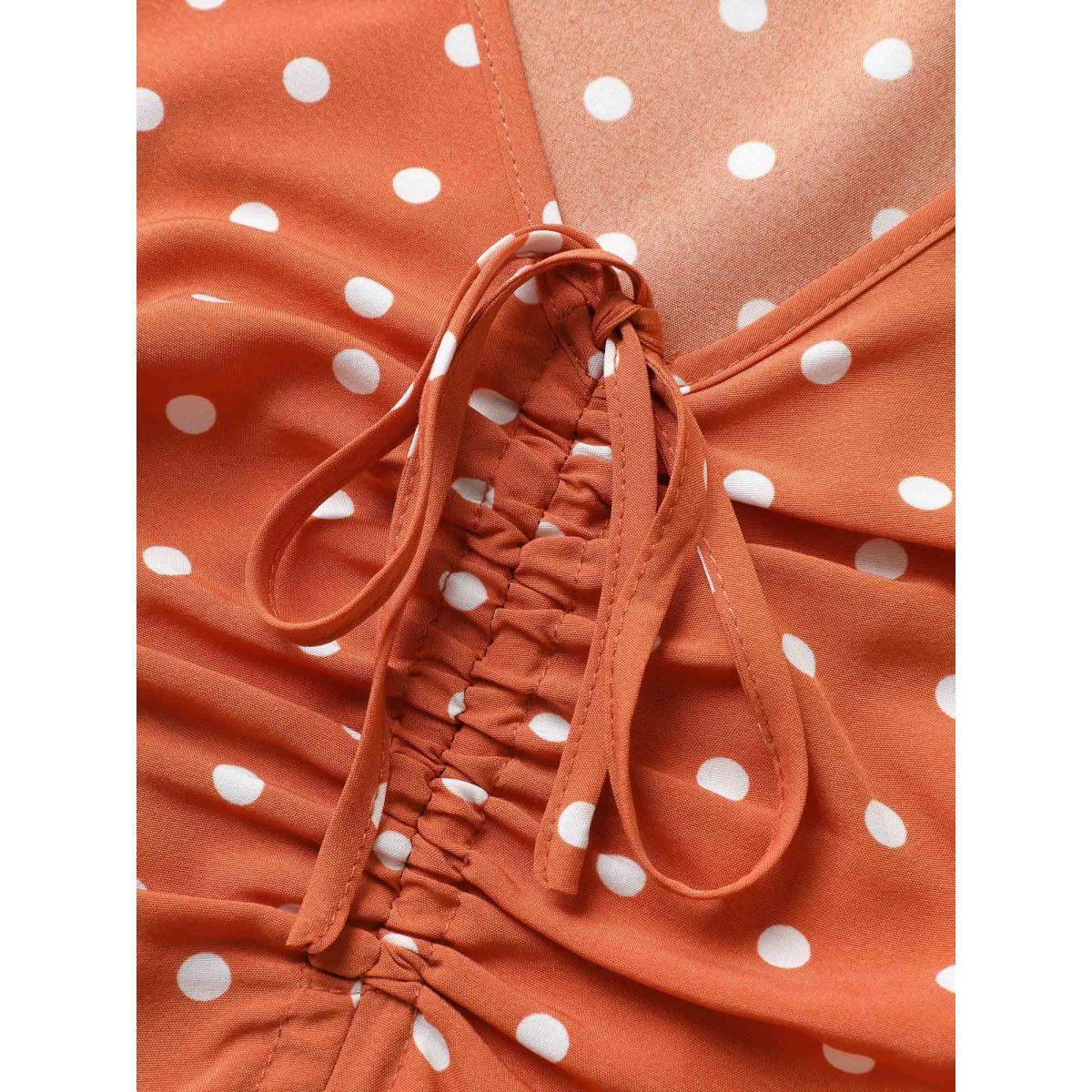 Plus Size Polka Dot Drawstring Belted Ruffle Sleeve Dress OrangeRed Women Elegant Non V-neck Short sleeve Curvy Midi Dress BloomChic 22-24/3X Product Image