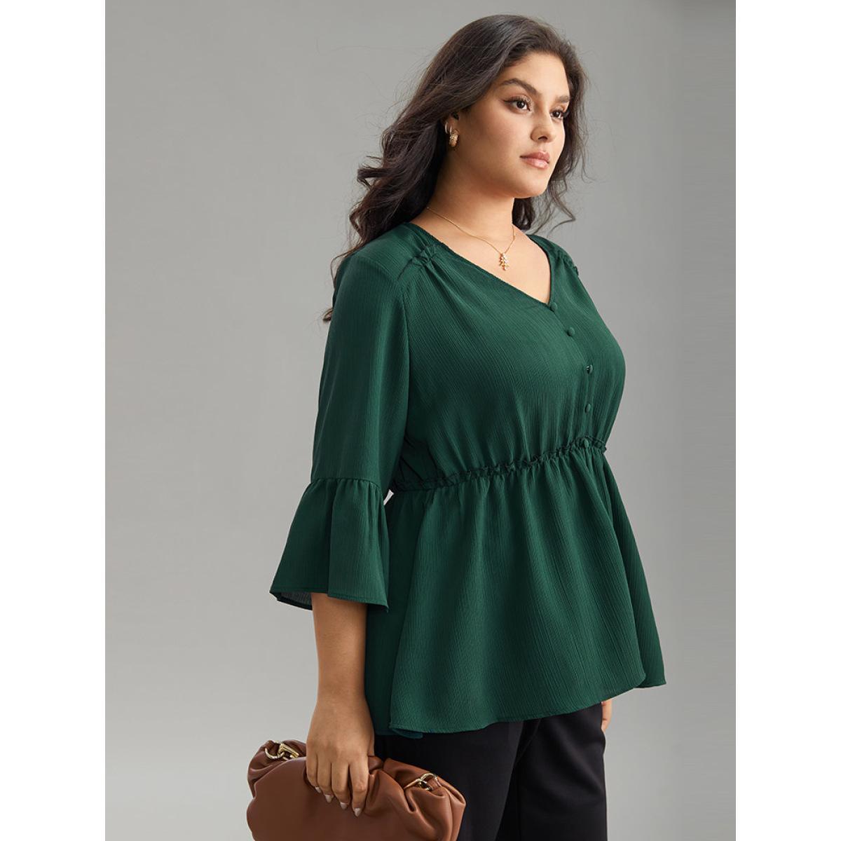 Plus Size DarkGreen Plisse Button Detail Elastic Waist Blouse Women Work From Home Elbow-length sleeve V-neck Work Blouses BloomChic 18-20/2X Product Image