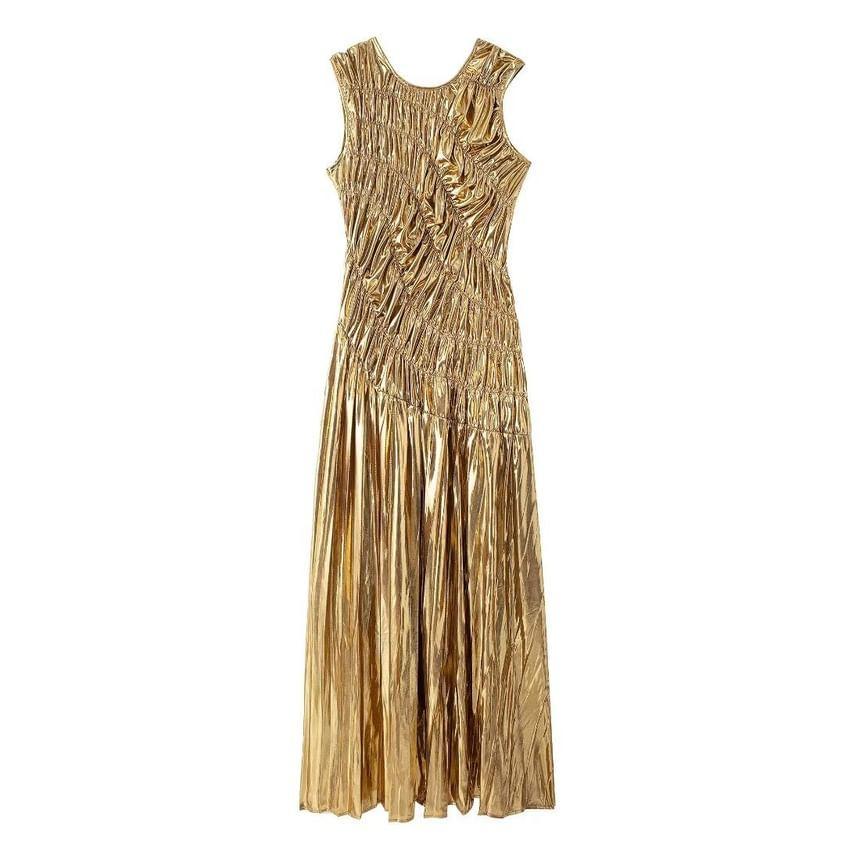 Sleeveless Round Neck Ruched Maxi A-Line Dress Product Image