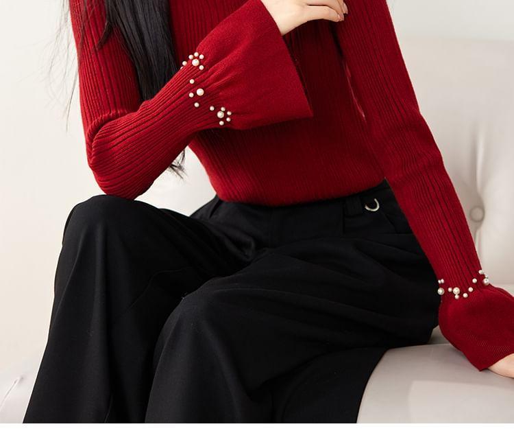 Long-Sleeve Boatneck Beaded Plain Knit Top Product Image