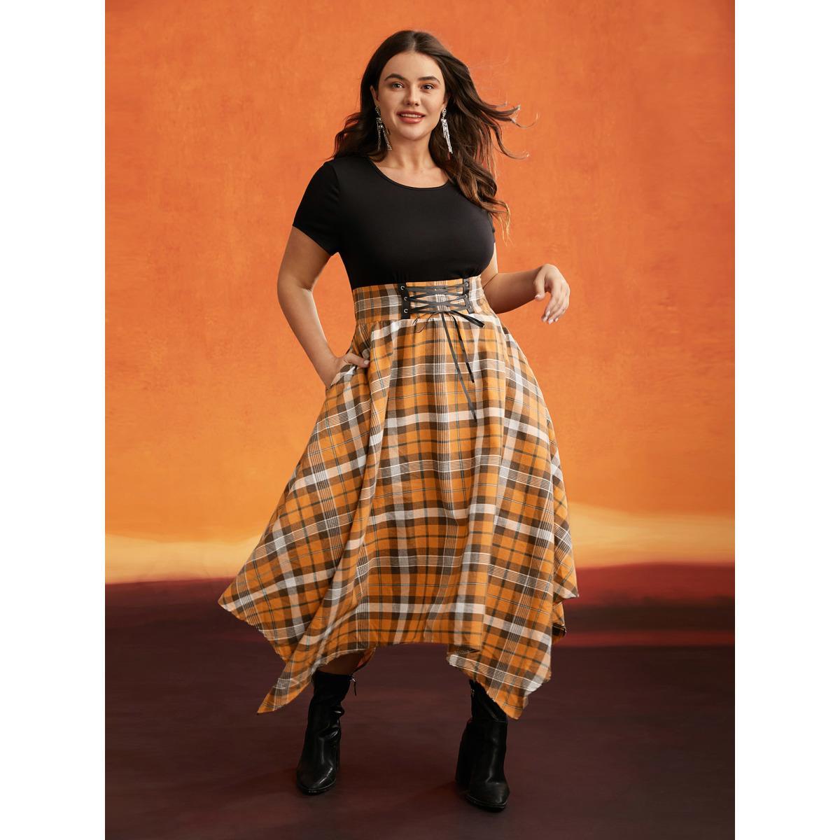 Plus Size Elastic Plaid Asymmetrical Hem Dress Brightorange Women Cocktail Wraparound straps Party Curvy Bloomchic 26/4X Product Image