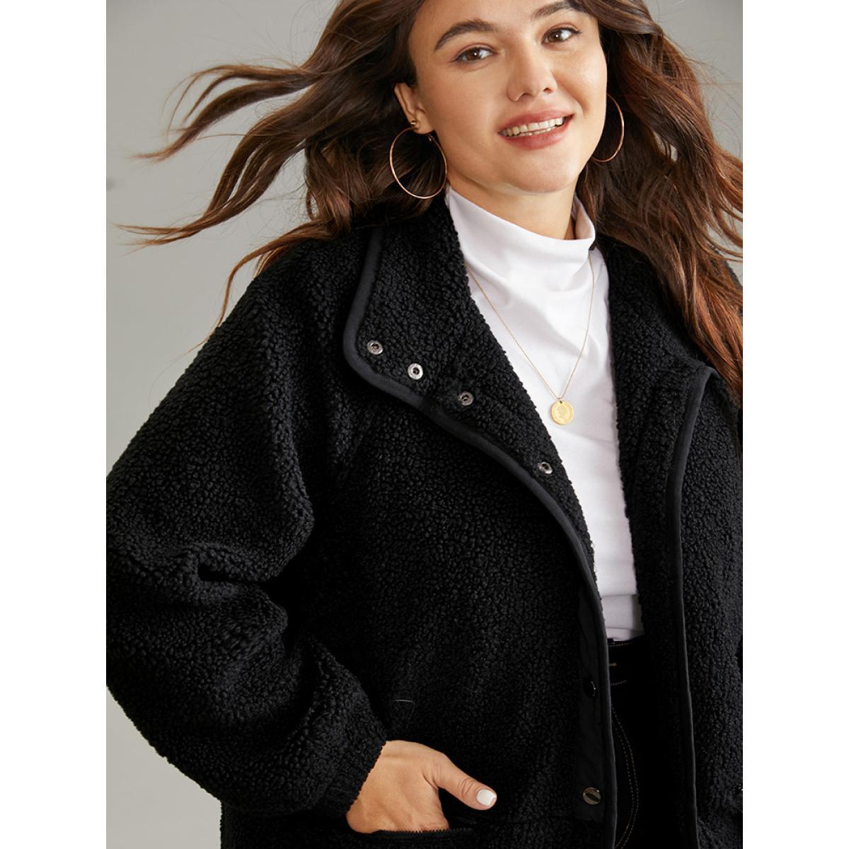 Plus Size Solid Button Through Teddy Coat Women Black Casual Lined Ladies Dailywear Winter Coats BloomChic 18-20/2X Product Image