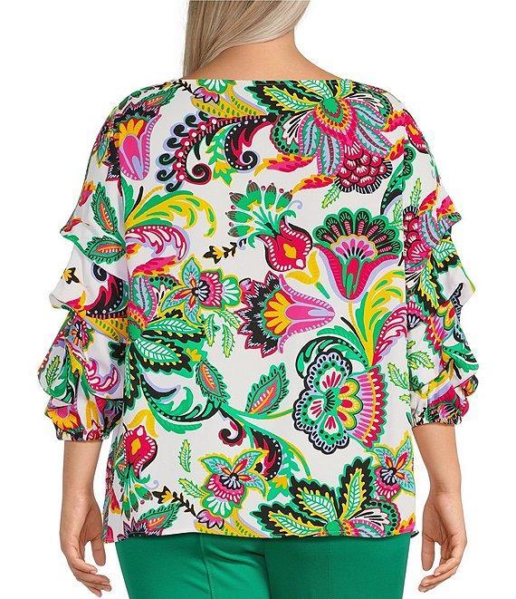 Slim Factor By Investments Plus Size Kara Exploded Jacobean Printed Boat Neck 3/4 Tiered Sleeve Top Product Image
