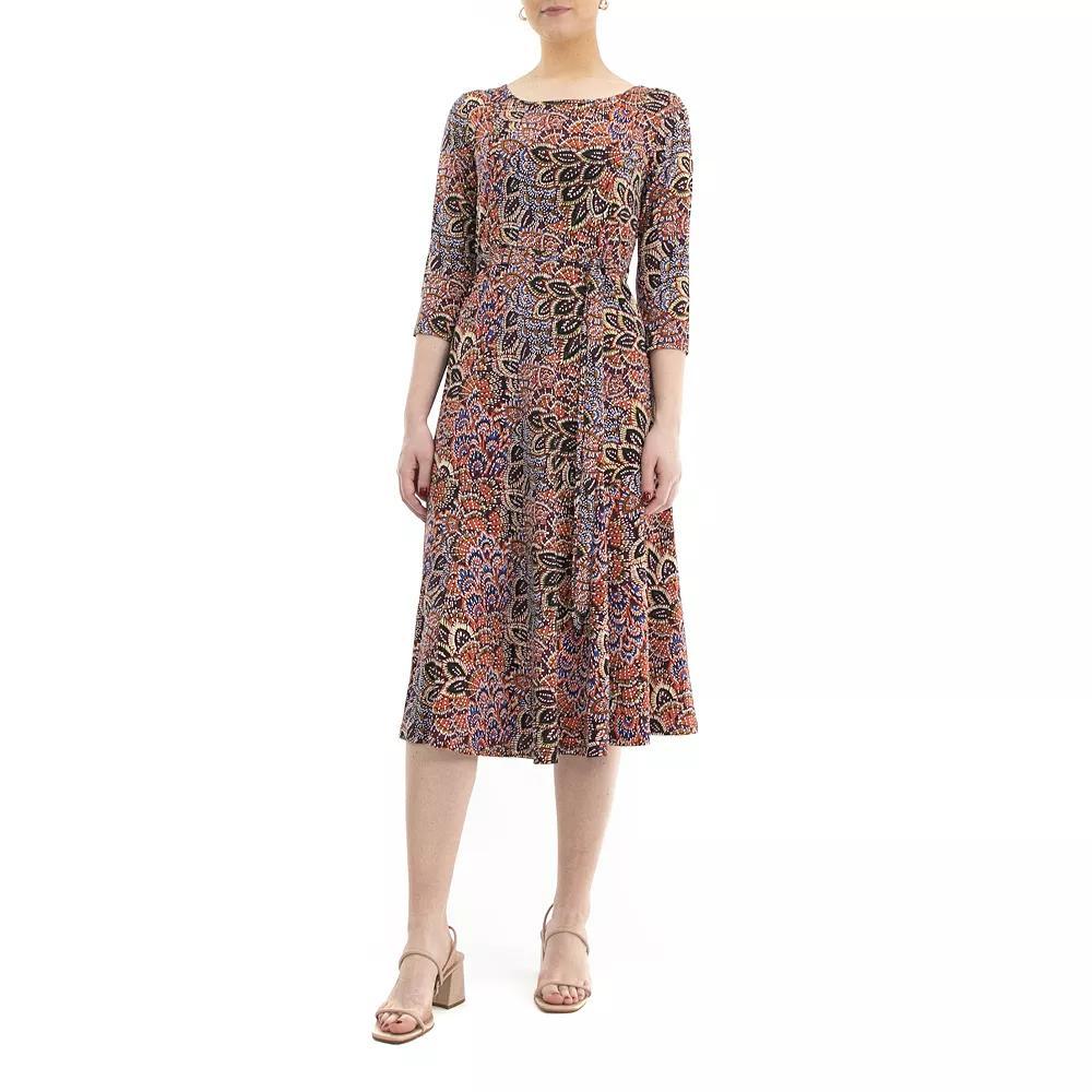 Womens Nina Leonard Belted 3/4 Sleeve Print Midi Dress Dusty Pink Product Image