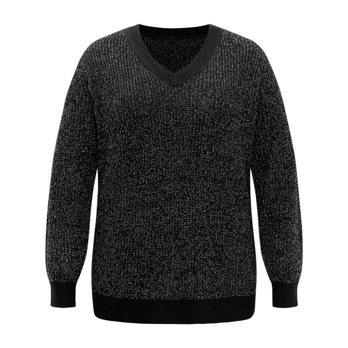 Plus Size Sparkly Elastic Cuffs Loose Pullover Black Women Casual Loose Long Sleeve V-neck Dailywear Pullovers BloomChic 30/6X Product Image