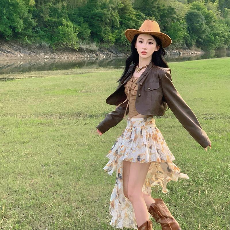 Flared-Sleeve Off-Shoulder Plain Asymmetrical Cropped Blouse / Low Waist Patterned Asymmetrical Midi A-Line Skirt / Cropped Faux Leather Jacket Product Image