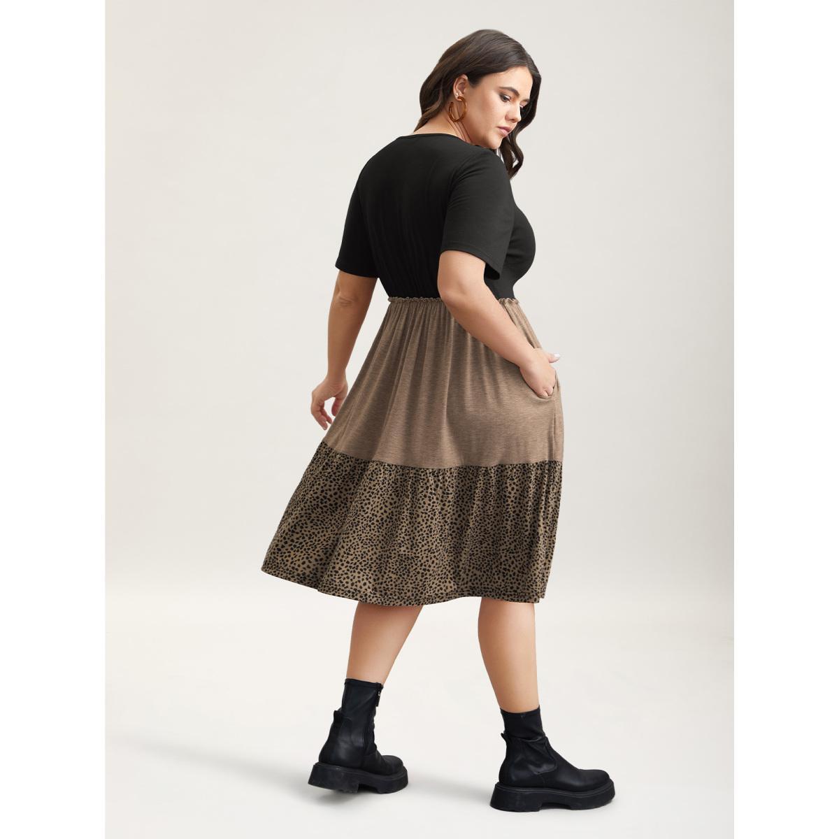 Plus Size Leopard Print Color-Block Pockets Midi Dress Multicolor Women Casual Frill Trim Knit Dresses Bloomchic 18-20/2X Product Image