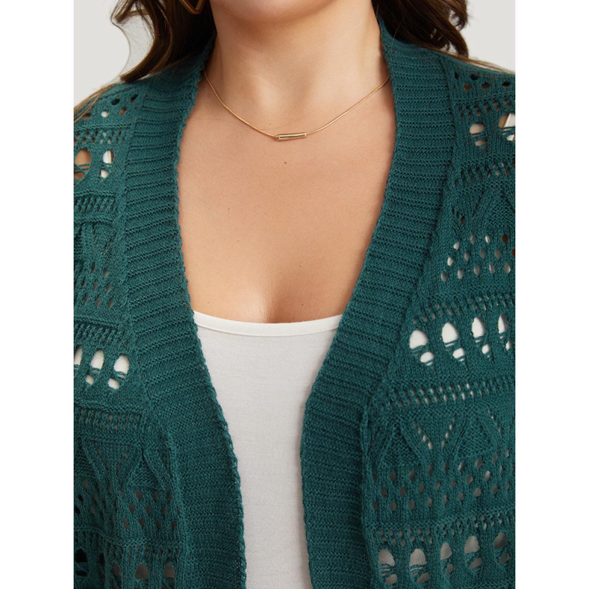 Plus Size Geometric Eyelet Open Front Loose Cardigan Cyan Women Casual Loose Long Sleeve Work Cardigans BloomChic 10/M Product Image