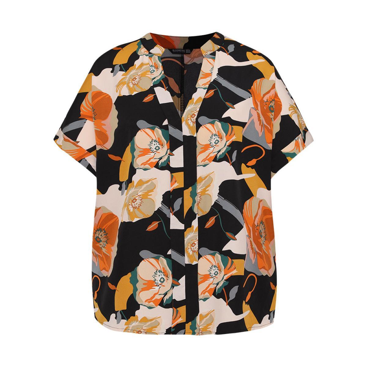 Plus Size Multicolor Floral Print Notched Cuffed Sleeve Blouse Women Elegant Short sleeve Notched collar Dailywear Blouses BloomChic 22-24/3X Product Image