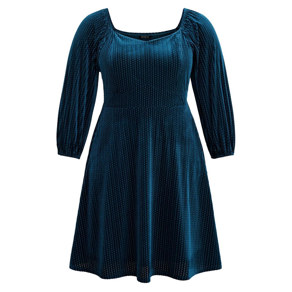 Plus Size Velvet Plisse Pocket Square Neck Dress Indigo Women Elegant Velvet Square Neck Long Sleeve Curvy Midi Dress BloomChic 10/M Product Image