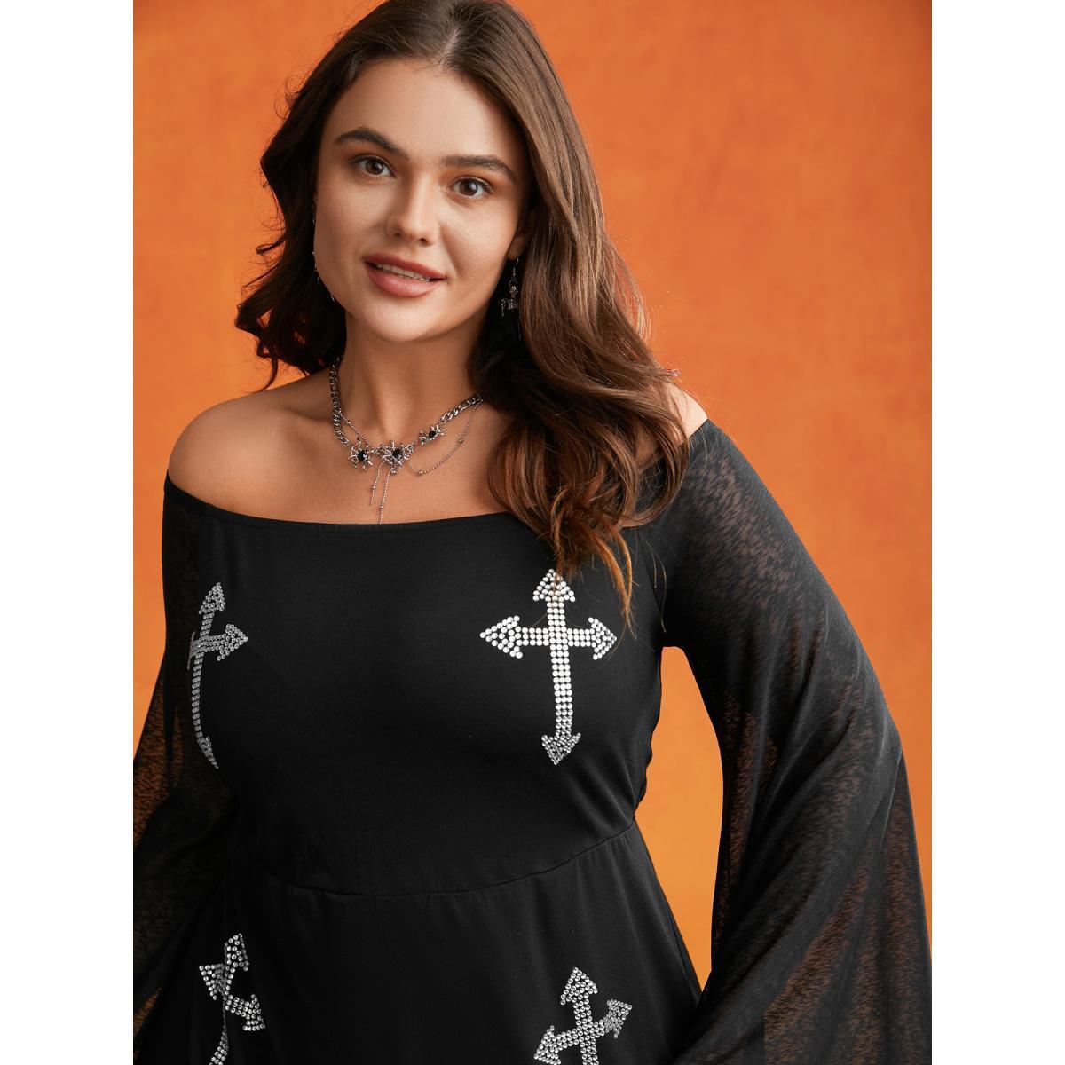 Plus Size Black Gothic Glam Off-Shoulder Waist-Cinching Jumpsuit Women Cocktail Extra Long Sleeve One-shoulder neck Party Loose Jumpsuits BloomChic 28/5X Product Image