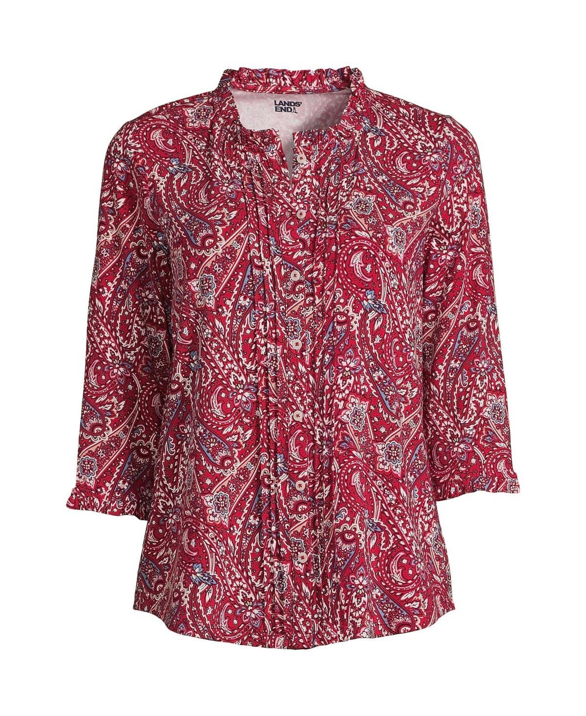 Lands End Womens Plus Size 3/4 Sleeve Light Weight Jersey Ruffle Neck Pintuck Top Product Image