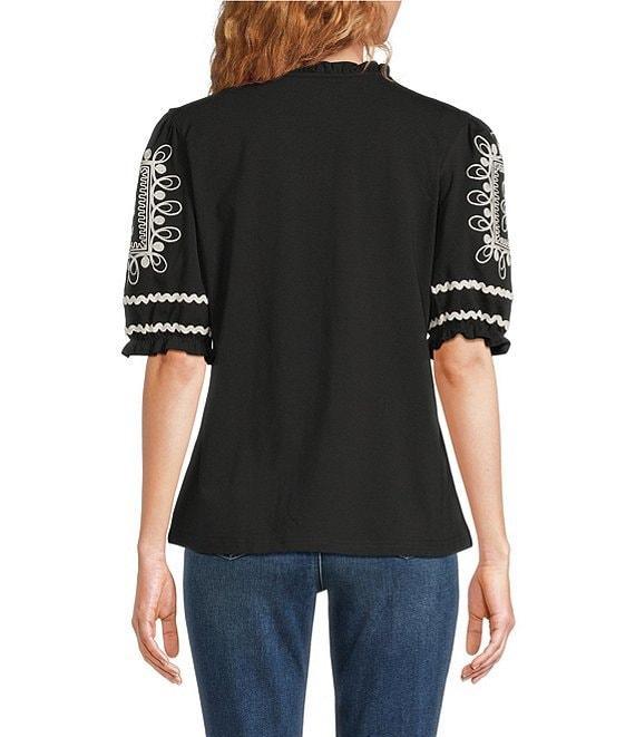 Calessa Embroidered Split V-Neck Short Balloon Sleeve Blouse Product Image