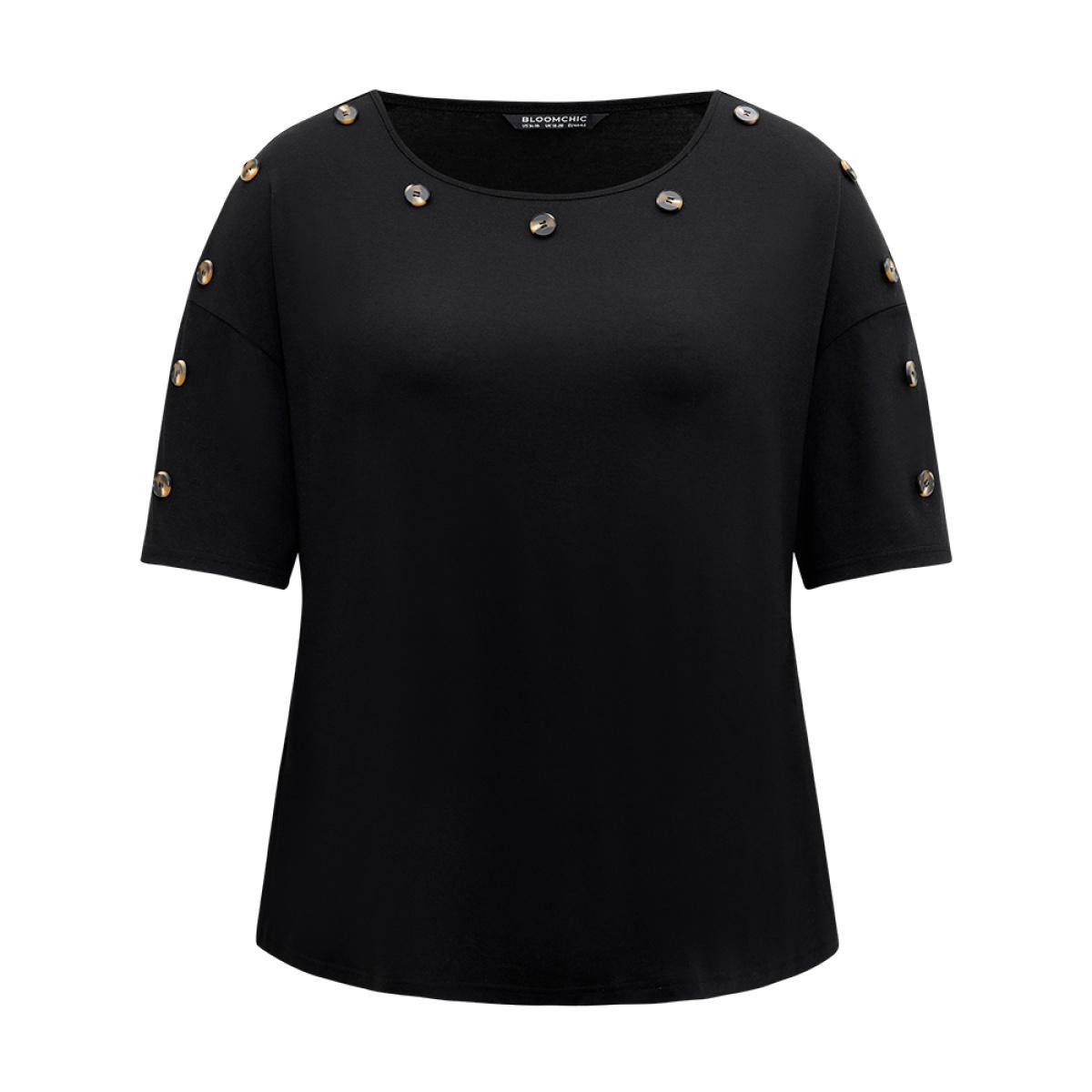 Plus Size Plain Button Detail Drop Shoulder T-shirt Black Women Casual Button Plain Round Neck Dailywear T-shirts BloomChic 26/4X Product Image