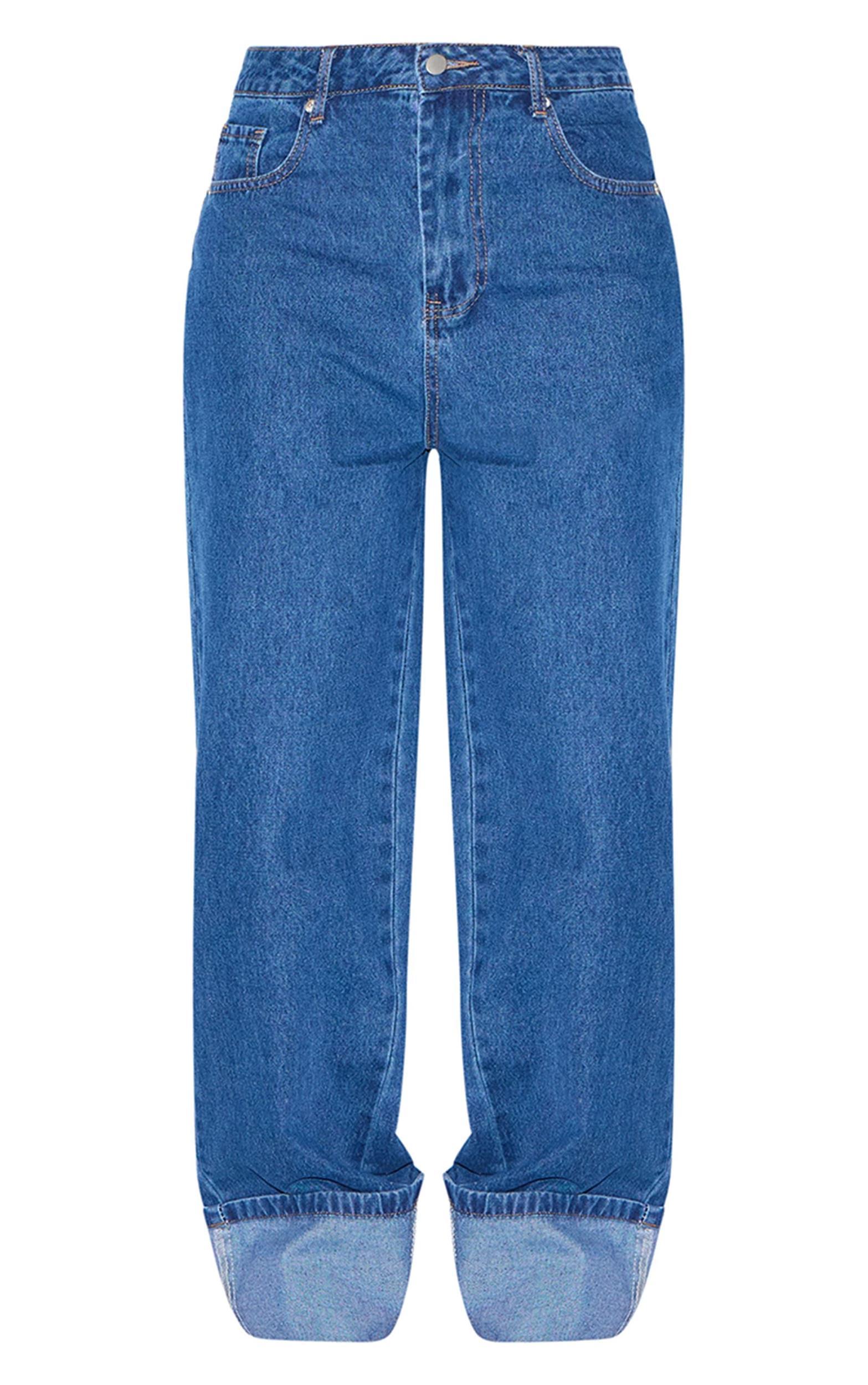Mid Blue Wash Contrast Stitch Turn Up Hem Wide Leg Style Jeans Product Image
