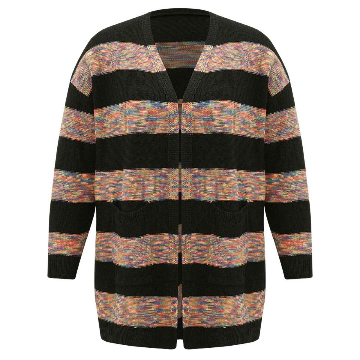 Plus Size Rainbow Contrast Open Front Cardigan Multicolor Women Casual Loose Long Sleeve Dailywear Cardigans BloomChic 18-20/2X Product Image