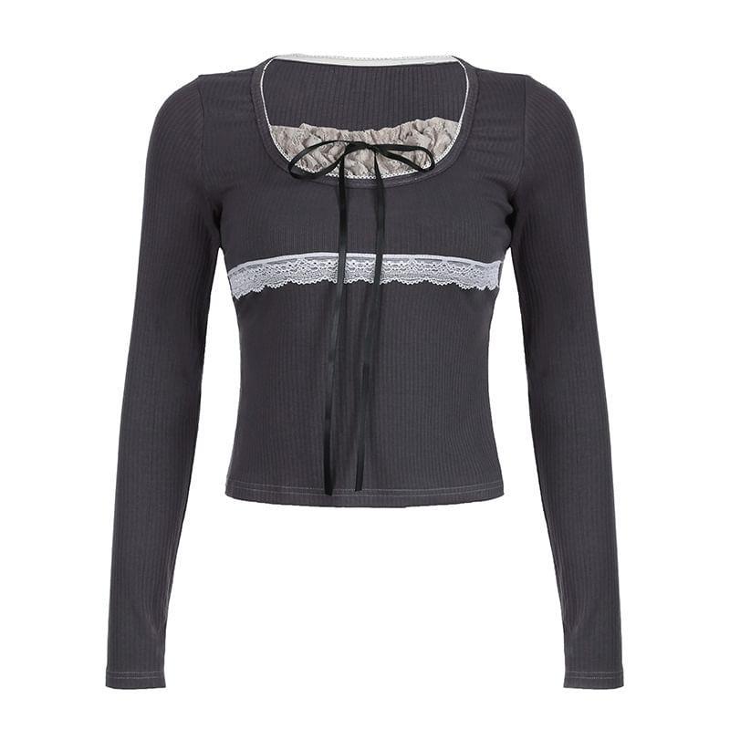 Short Sleeve / Long Sleeve Mock Two Piece Lace-Panel Tie-Front Crop Top Product Image