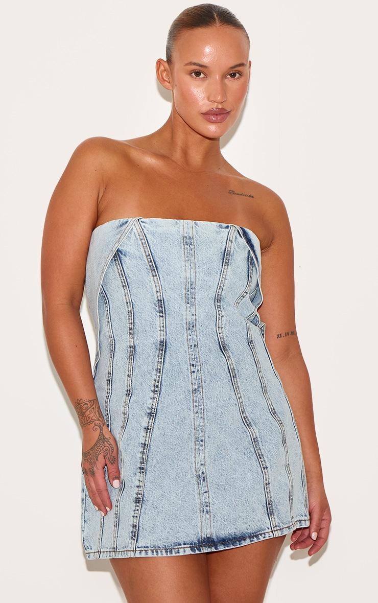 Plus Light Blue Seam Fold Over Bust Detail Denim Dress Product Image
