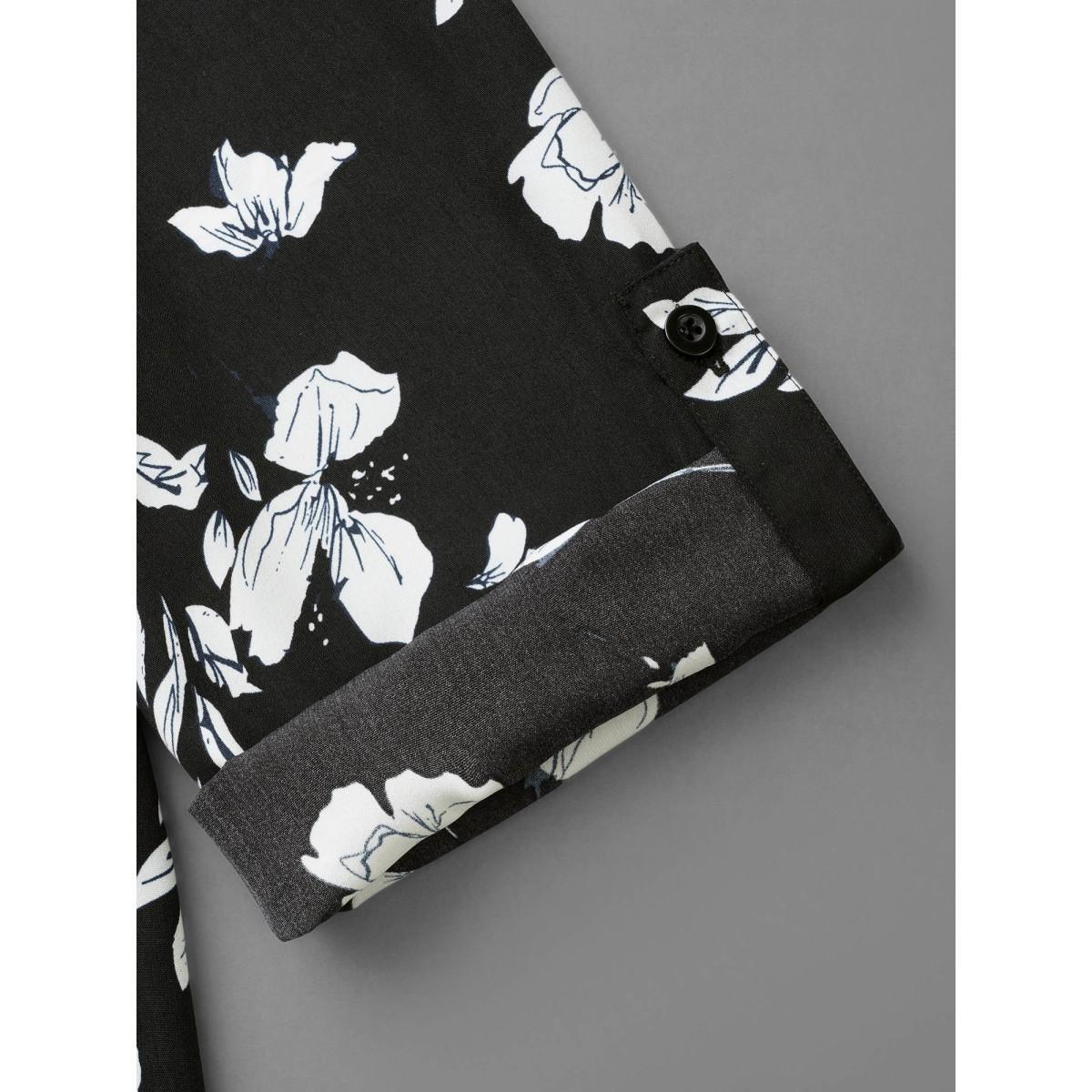 Plus Size Black Silhouette Floral Print Tab Sleeve Slit Hem Blouse Women Elegant Elbow-length sleeve Notched collar Everyday Blouses BloomChic 10/M Product Image