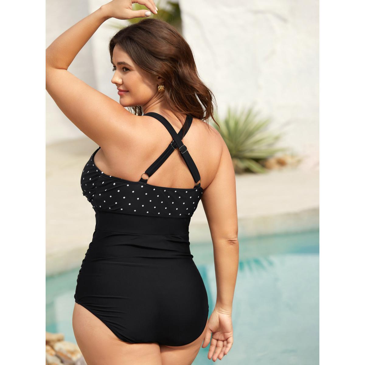 Plus Size Polka Dots Spliced Ruched One-Piece Swimsuit Women's Swimwear Black Beach Twist Curve Bathing Suits High stretch One Pieces BloomChic 22-24/3X Product Image
