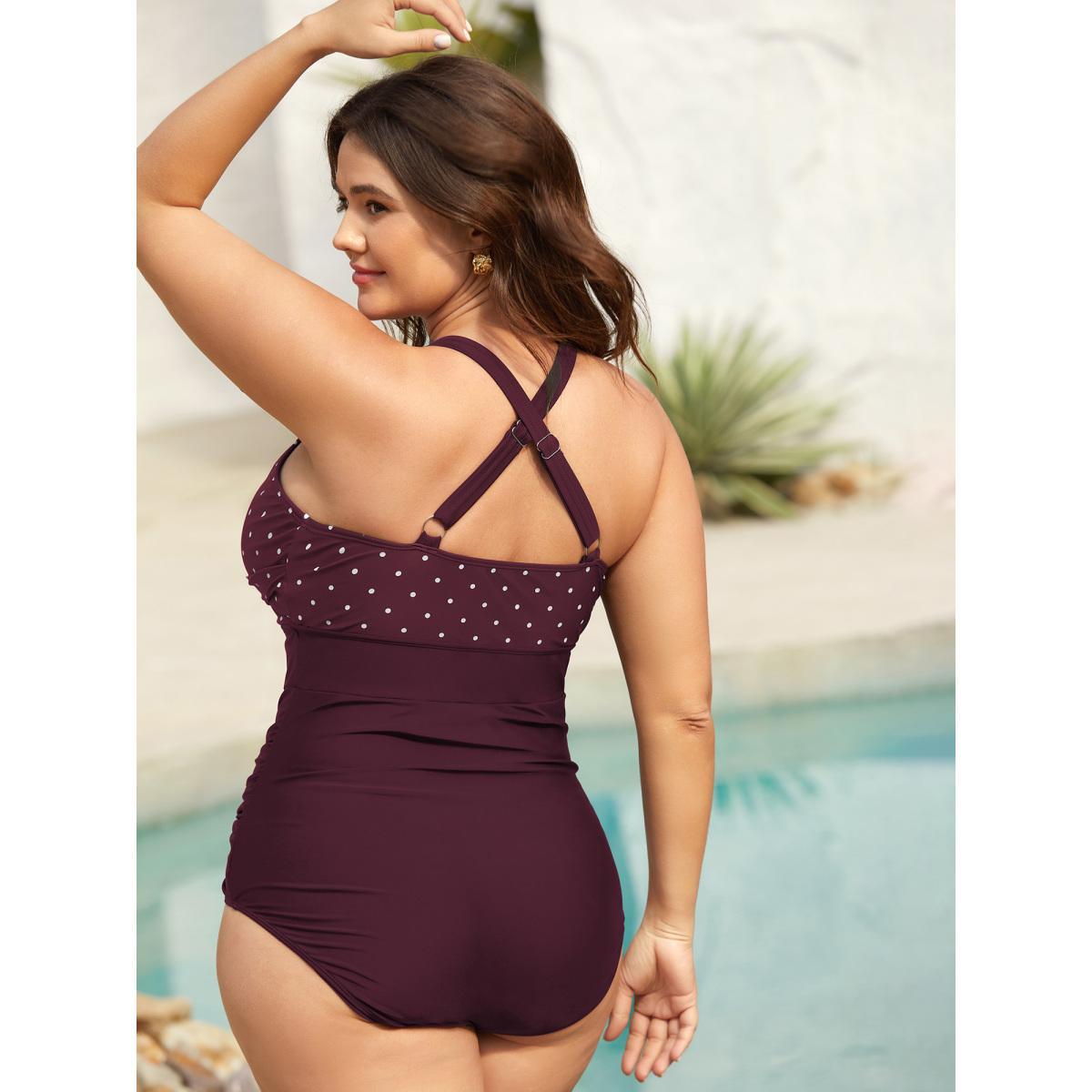 Plus Size Polka Dots Spliced Ruched One-Piece Swimsuit Women's Swimwear Deepred Beach Twist Curve Bathing Suits High stretch One Pieces BloomChic 18-20/2X Product Image