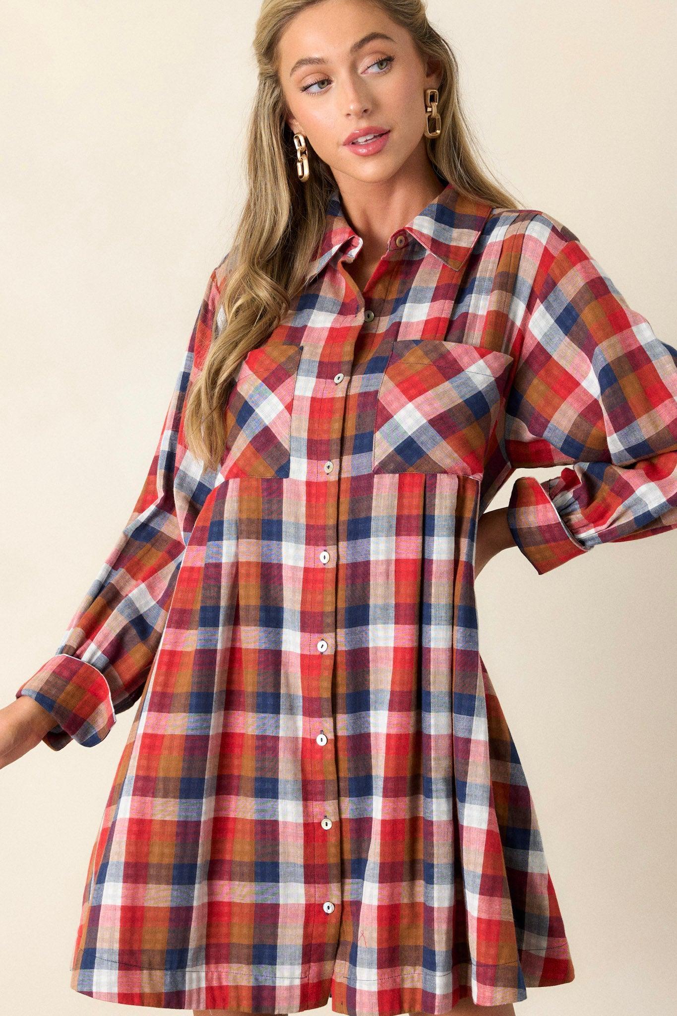 Gliding By Cotton Red Multi Plaid Mini Dress Product Image