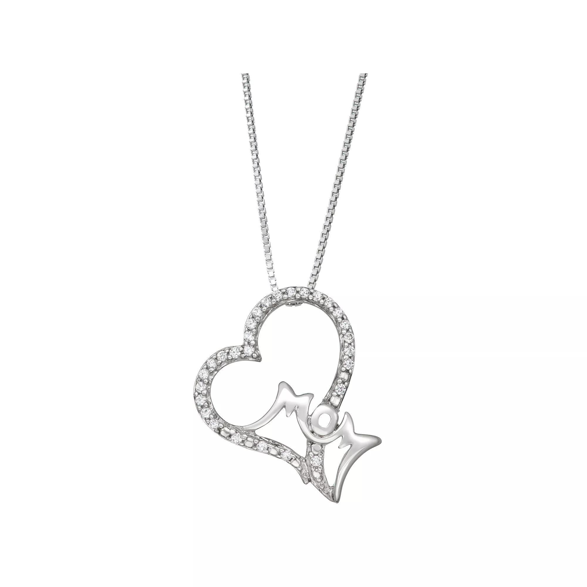 Sterling Silver 1/8 Carat T.W. Diamond "Mom" Heart Necklace, Women's Product Image