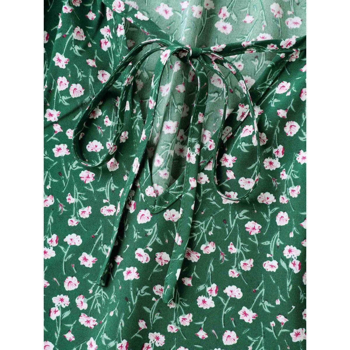 Plus Size Floral Print Split Neck Pockets Midi Dress Emerald Women Elegant Gathered Notched collar Short sleeve Curvy BloomChic 30/6X Product Image