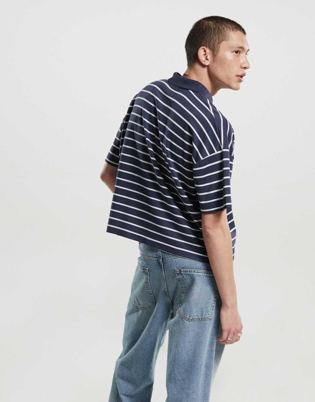 ASOS DESIGN oversized crop dropped shoulder polo in navy and white stripe Product Image