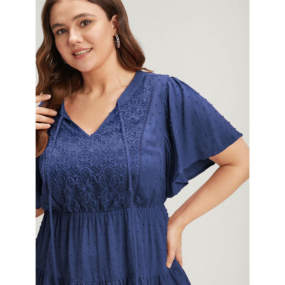 Plus Size DarkBlue Plain Crochet Lace Embroidered Ruffles Ties Neck Blouse Women Elegant Short sleeve V-neck Dailywear Blouses BloomChic 18-20/2X Product Image
