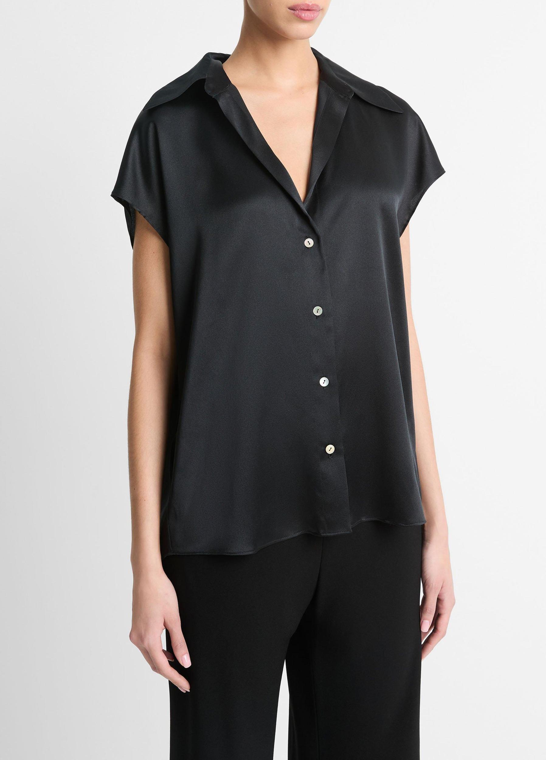 Womens Silk Cap-Sleeve Ruched-Back Blouse, Black, Size L Vince Product Image