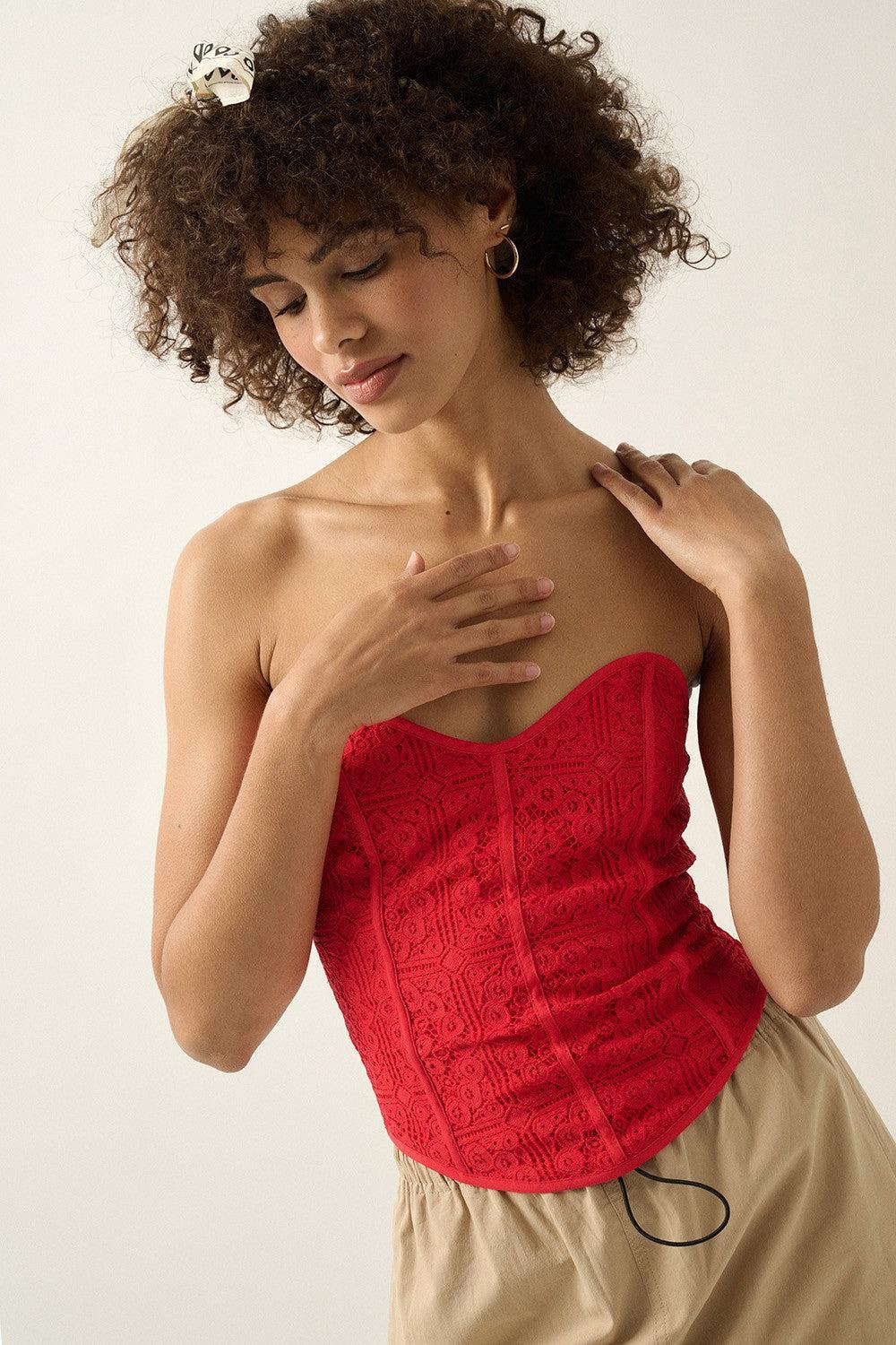 Solid Floral Lace Sweetheart Neck Corset Top Product Image