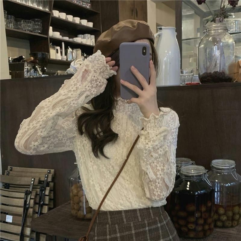Long Sleeve Stand Collar Plain Lace Top Product Image