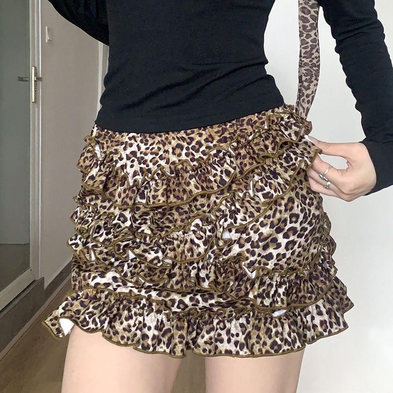 High Rise Leopard Ruffle Trim Mini Pencil Skirt Product Image
