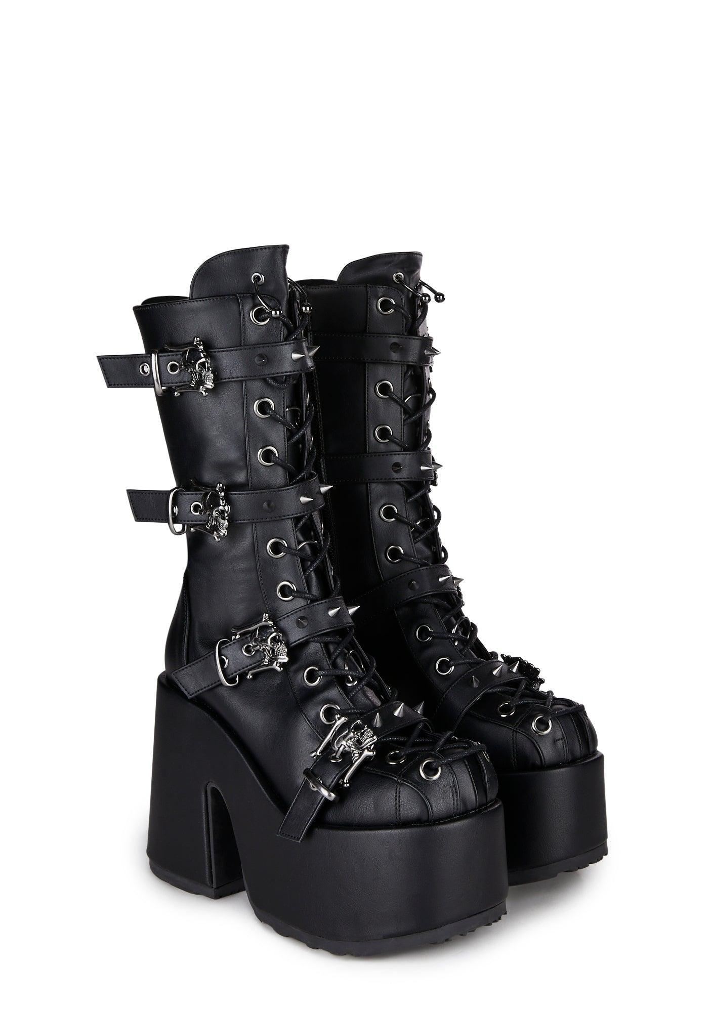 Demonia Skull Buckle Platform Boots - Black Vegan Leather Product Image