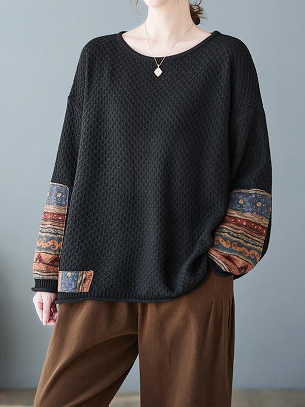Long Sleeves Loose Printed Split-Joint Round-Neck Pullovers Sweater Tops Product Image