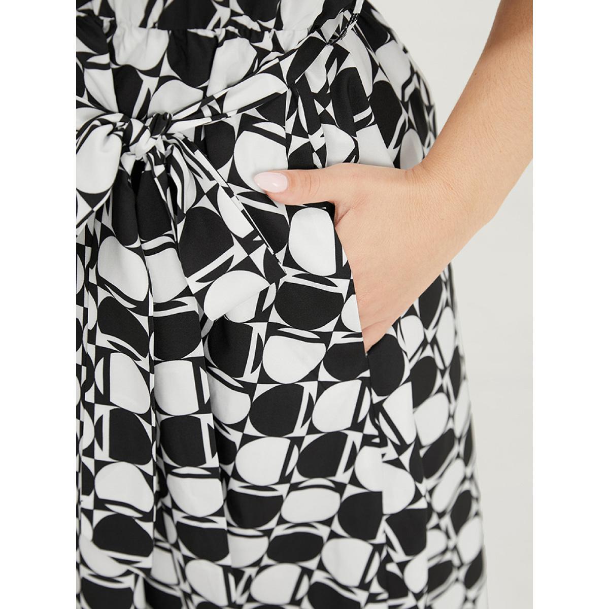 Plus Size Geometric Print Pocket Belted V Neck Dress Multicolor Women Elegant Contrast V-neck Short sleeve Curvy Knee Dress BloomChic 10/M Product Image