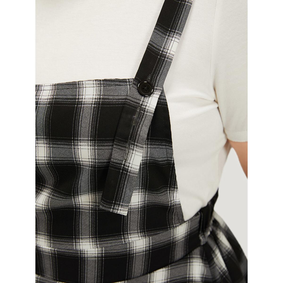Plus Size Plaid Pocket Elastic Waist Overall Cami Dress Black Women Casual Adjustable Straps Spaghetti Strap Sleeveless Curvy Knee Dress BloomChic 12/L Product Image