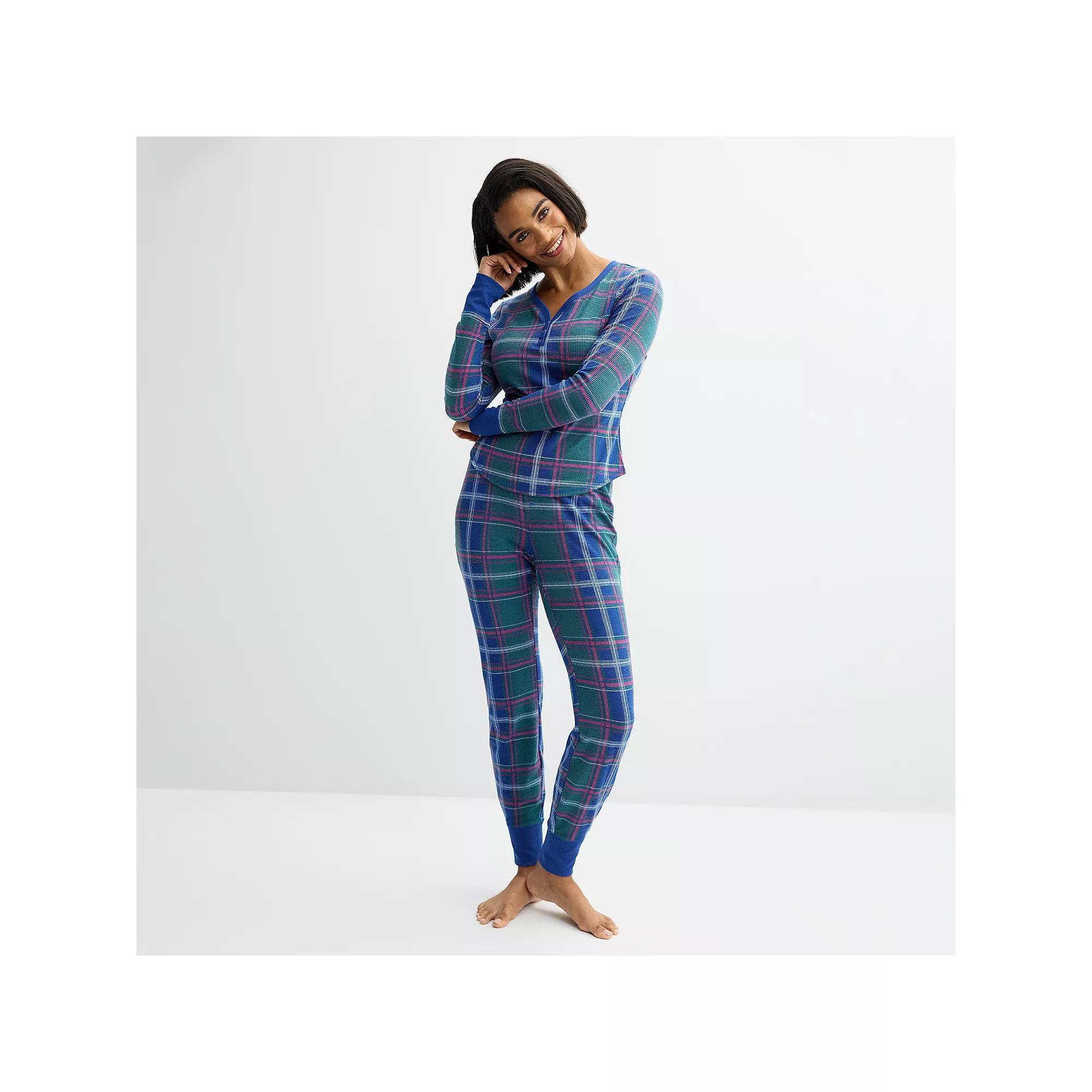 Petite Sonoma Goods For Life® Thermal Pajamas, Women's, Size: XXL Petite, Plaid Check Green Product Image