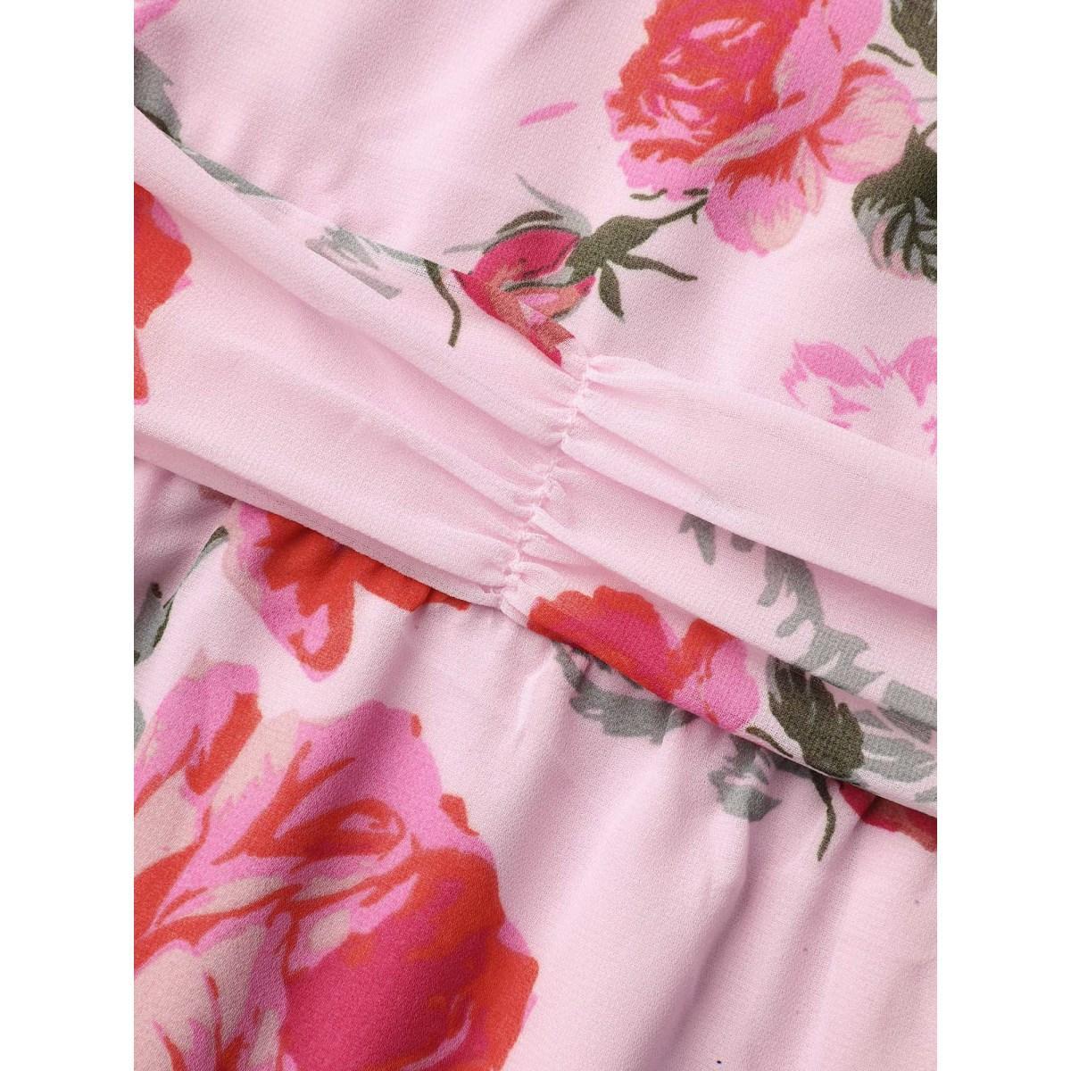 Plus Size Rosy Print Pockets Pleated Midi Dress MistyRose Women Elegant Gathered V-neck Elbow-length sleeve Curvy BloomChic 10/M Product Image